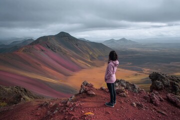 Fototapeta premium Female caucasian adult standing on red volcanic ridge overlooking multicolored mountains expansive moody icelandic highlands