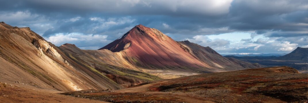 Landmannalaugar iceland close panoramic of red rhyolite mountain bathed in sunlight with layered slopes and dramatic cloudy sky in volcanic highlands