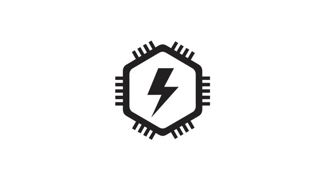 Black and white microchip icon with lightning bolt.