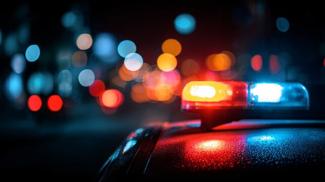 Close-up of red and blue police siren lights glowing at night with blurred city background