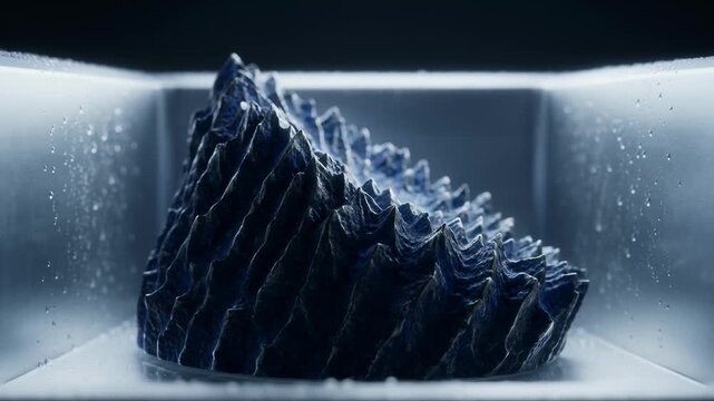 Abstract Dark Blue Jagged Crystal Formation With Water Droplets in Container