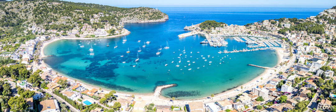 Port de Soller on Mallorca island aerial view photo from above panorama marina with boats holiday by the sea beach in Spain