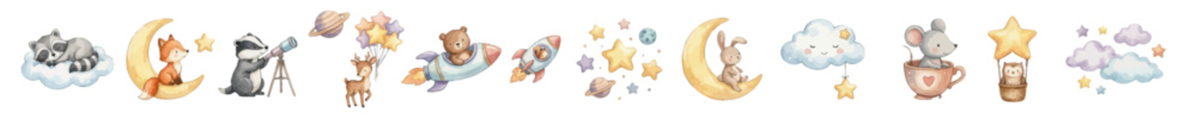 Fototapeta premium Adorable baby animals watercolor style set with celestial elements, moon, stars, planets, clouds, cozy characters for nursery design, kids print, fantasy theme. Collection of Vector illustrations. 