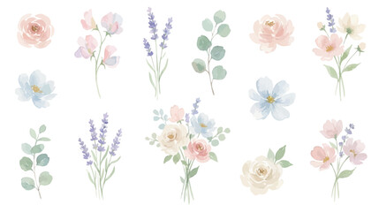 Pastel watercolor floral clipart set with roses, lavender, eucalyptus blooms. Collection of Vector illustrations. Perfect for invitation, card, poster, banner, decoration © maria