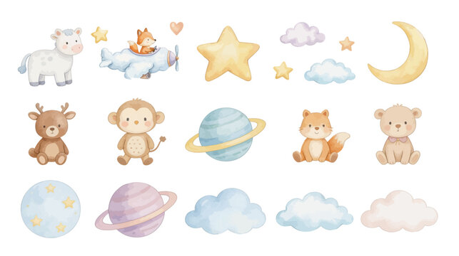 Cute baby animal nursery set with fox plane, moon, stars, clouds and planets. Collection of Vector illustrations. Perfect for invitation, card, poster, banner, decoration