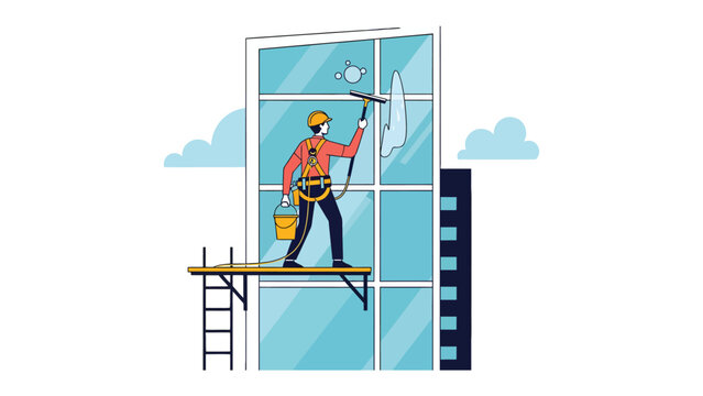 Window Washer's View: A dedicated window washer meticulously cleans the towering glass facade of a modern skyscraper, perched on a precarious platform, ensuring every pane sparkles.