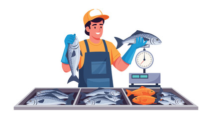 Fresh Catch: A skilled fishmonger proudly presents his fresh catch. In a bustling fish market, he stands behind a display of various fish, using a scale to weigh and showcase his selection. © AJM
