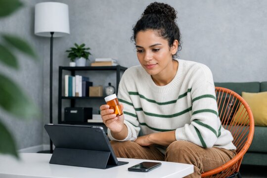 Woman checking medicine bottle during online consultation at home. Ai generative