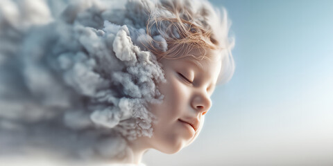 Fototapeta premium Dreamlike female figure surrounded by smoky textures and light. Surreal cinematic scene with cloud enveloping woman and emotional depth