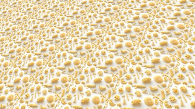 Densely Packed Pasta Shapes Create Textured Horizontal Wave Pattern With Warm Golden Lighting