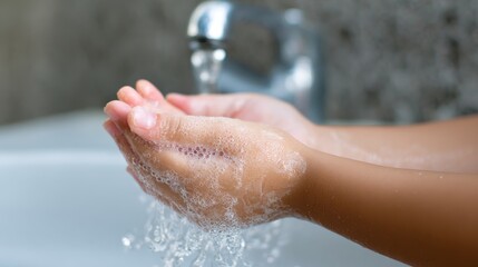 Fototapeta premium Handwashing demonstration in a modern bathroom cleanliness focus indoor environment close-up view for health awareness
