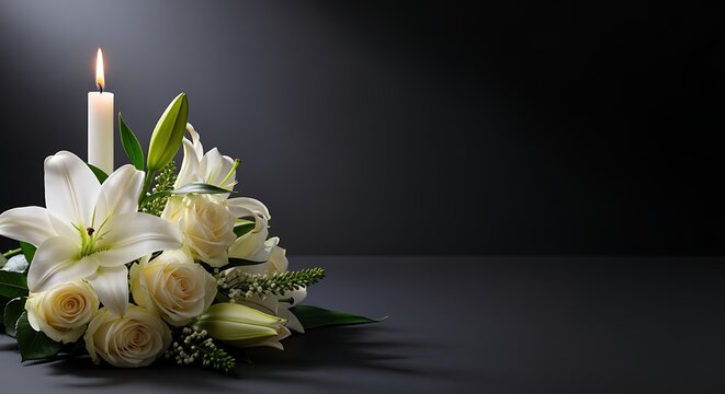 White roses and lilies bouquet with lit candle on dark background for memorial or funeral service floral arrangement
