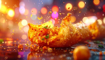 Crispy golden crumble. Close-up of a hot golden fritter sprinkled with spices, warm, textured, and mouthwatering. 