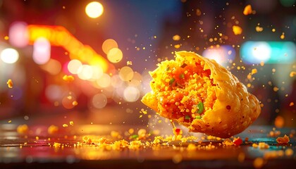 Golden fritter bite. Crispy seasoned fritter captured mid splash with festive bokeh, crunchy, spiced, and irresistible.