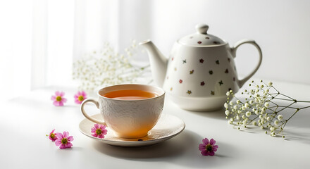 Fototapeta premium A serene still life with tea cup and flowers on a table