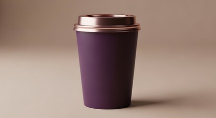 Purple travel mug with copper lid on beige background, reusable cup for hot beverages, coffee or tea on the go