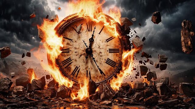 Burning clock exploding with fire and debris symbol of time destruction apocalypse dramatic concept scene