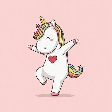 Cute cartoon unicorn dancing with rainbow mane and heart on pastel pink background