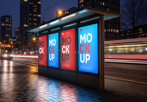 Billboards on a buss-stop at night Mockup