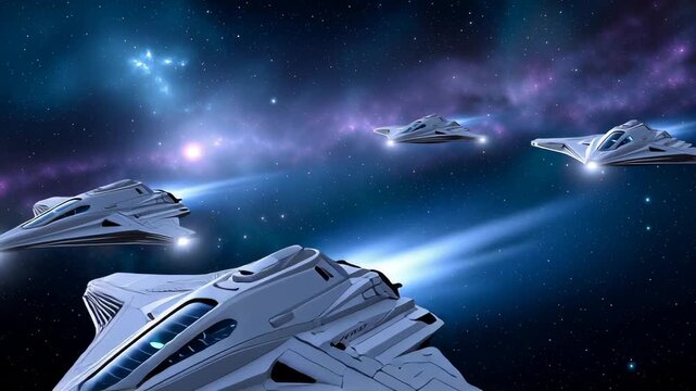 Fleet of futuristic spaceships flying through deep space galaxy representing science fiction travel, exploration, and advanced cosmic technology