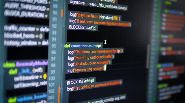 Close up computer monitors displaying fictional programming code and software development interface, technology workspace concept