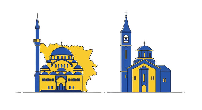 Blue and yellow mosque architecture.