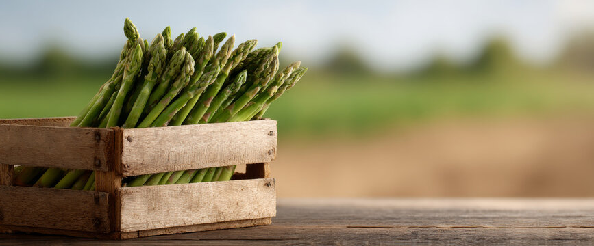Fresh asparagus bunch in wooden crate