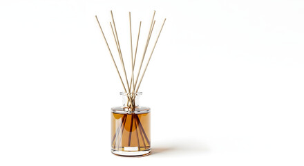 Obraz premium Aromatic Oasis: The subtle elegance of a reed diffuser gracefully placed, the transparent glass bottle holds fragrant oils, and natural reeds stand tall, promising a serene sensory experience.