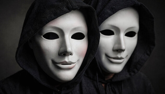 Two hooded figures wear white masks against dark background with mystery
