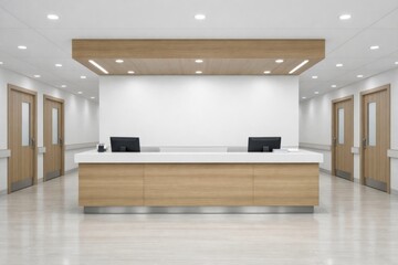 Obraz premium Modern hospital reception desk interior with empty hallway. Ai generative
