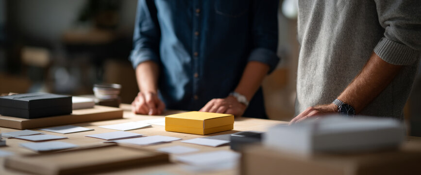 People working with packaging design samples