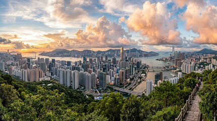 Fototapeta premium Panoramic cityscape view of urban skyline at sunset with skyscrapers and harbor