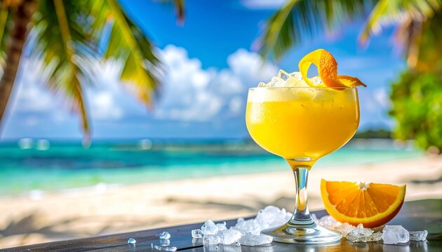 Mango coconut cocktail. Bright tropical yellow drink with whipped cream, framed by a sunny beach setting.