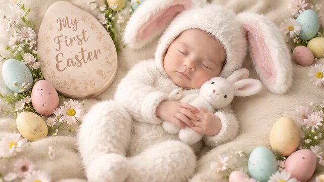 Sleeping baby in bunny costume surrounded by easter eggs and flowers gentle spring holiday scene