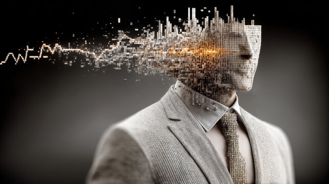 Businessman with glitching pixelated digital face mask dissolving into data blocks and financial stock graph transforming into question mark symbolizing generative AI risks and market uncertainty