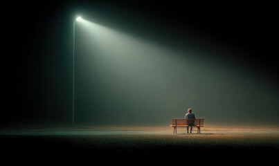 Fototapeta premium Solitary person sitting on park bench illuminated by single streetlight in dark empty space conveying loneliness isolation and social disconnection