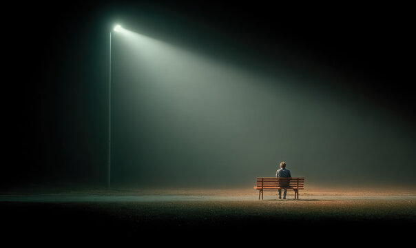 Solitary person sitting on park bench illuminated by single streetlight in dark empty space conveying loneliness isolation and social disconnection