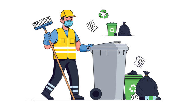 Waste Management and Environmental Responsibility: An essential waste management worker, meticulously tending to a recycle bin. With a broom in hand, he diligently clears litter and debris.