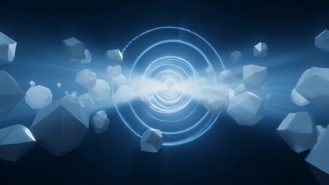 Abstract render of a tunnel of concentric circles and floating low poly rocks