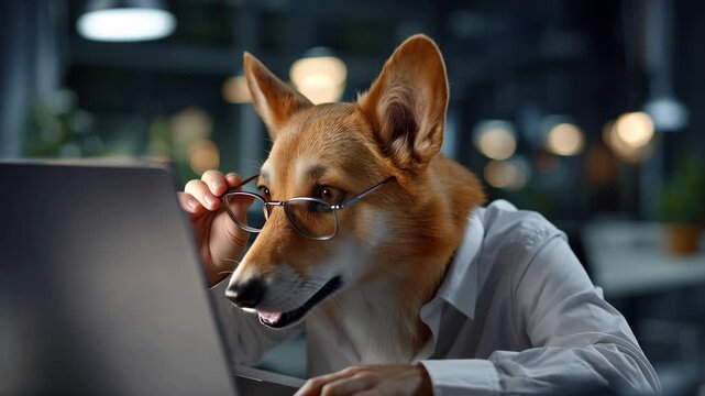 Smart dog in glasses types on laptop. Focused eyes, calm expression, attentive posture. Office glow, blurred background, modern workspace. Ideal for humor, tech, or business concept visuals