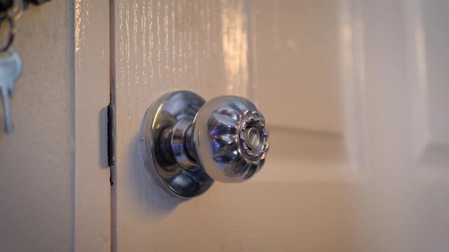 Close up of hand turning door knob and opening door, home access, entry, security and daily lifestyle routine concept