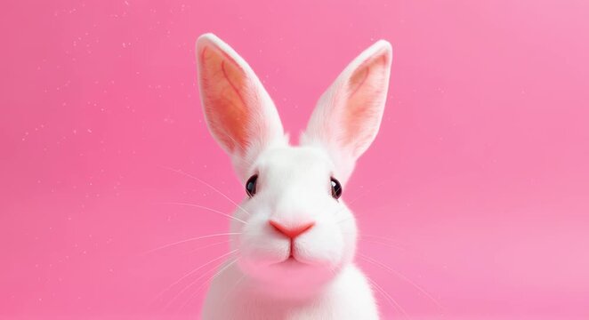 Cute white rabbit peeking from bottom of frame on pink background looking at camera