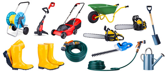 Fototapeta premium set collection of tools for gardening and landscaping like chain saw watering hose trimmer lawn mower or wheelbarrow on white background.
