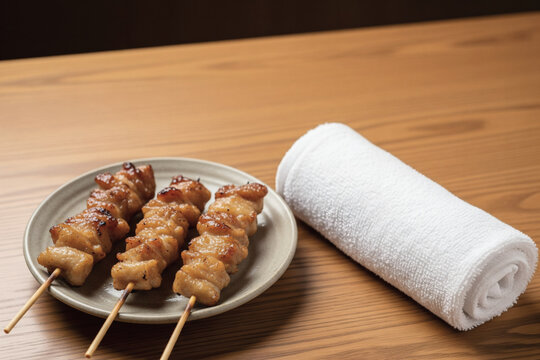 木のテーブルに置かれた鶏皮の焼き鳥とおしぼりの飲食店風景