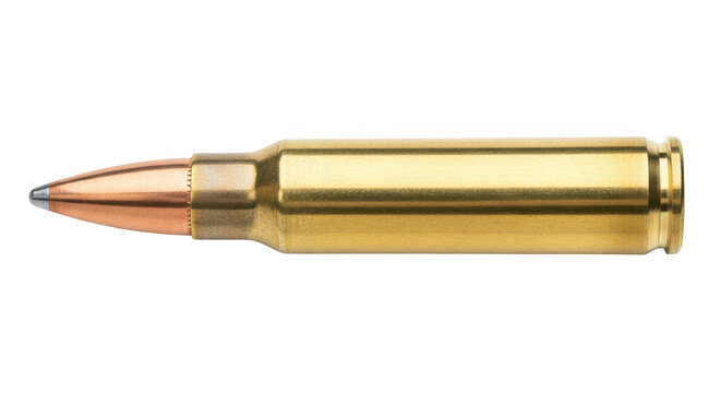 Close-up of a single shiny brass rifle bullet with a copper-tipped projectile, representing ammunition and precision, isolated on transparent background, conveying power and danger.