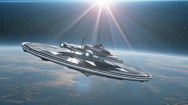 Futuristic spaceship flying near ringed planet at sunrise representing science fiction exploration, cosmic travel, and advanced space technology