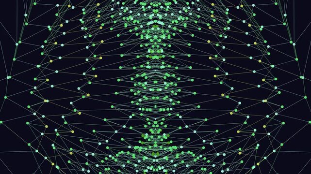 Abstract Network of Glowing Green Dots and Lines Forming a Symmetrical Structure.