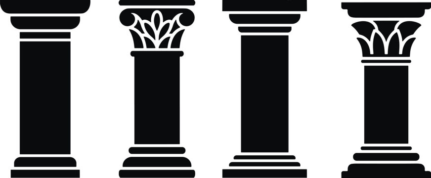 Ancient classical column set with different pillar styles including Greek and Roman architecture elements, black silhouette icons isolated on white background for design