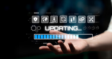 Fototapeta premium Knowledge upgrade and software updates support digital skills growth, competitiveness, and continuous learning to stay current with new tech trends. Latch