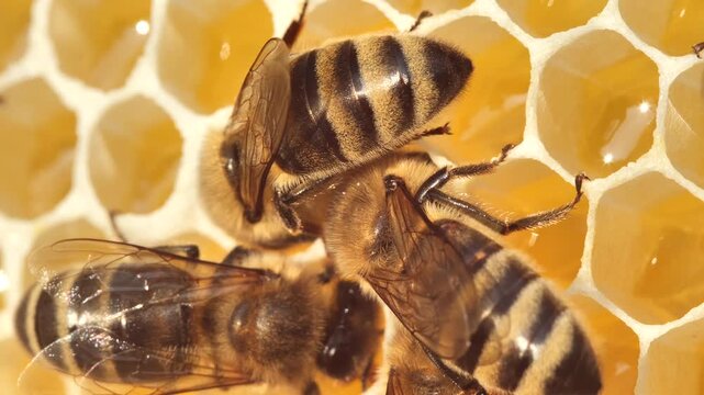 Active work of bees during honey collection.
Inside the hive, the bees create a honeycomb of wax and convert the nectar into honey
